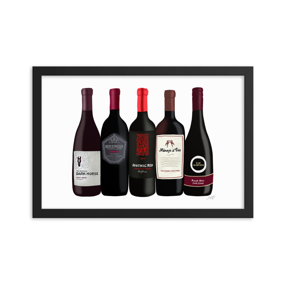 Red Wine Bottles Illustration - Framed Matte Print